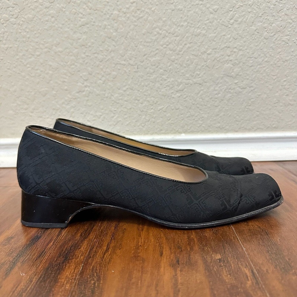 SALVATORE FERRAGAMO Slip-On Square Toe Pump Heels in Black Check Cloth